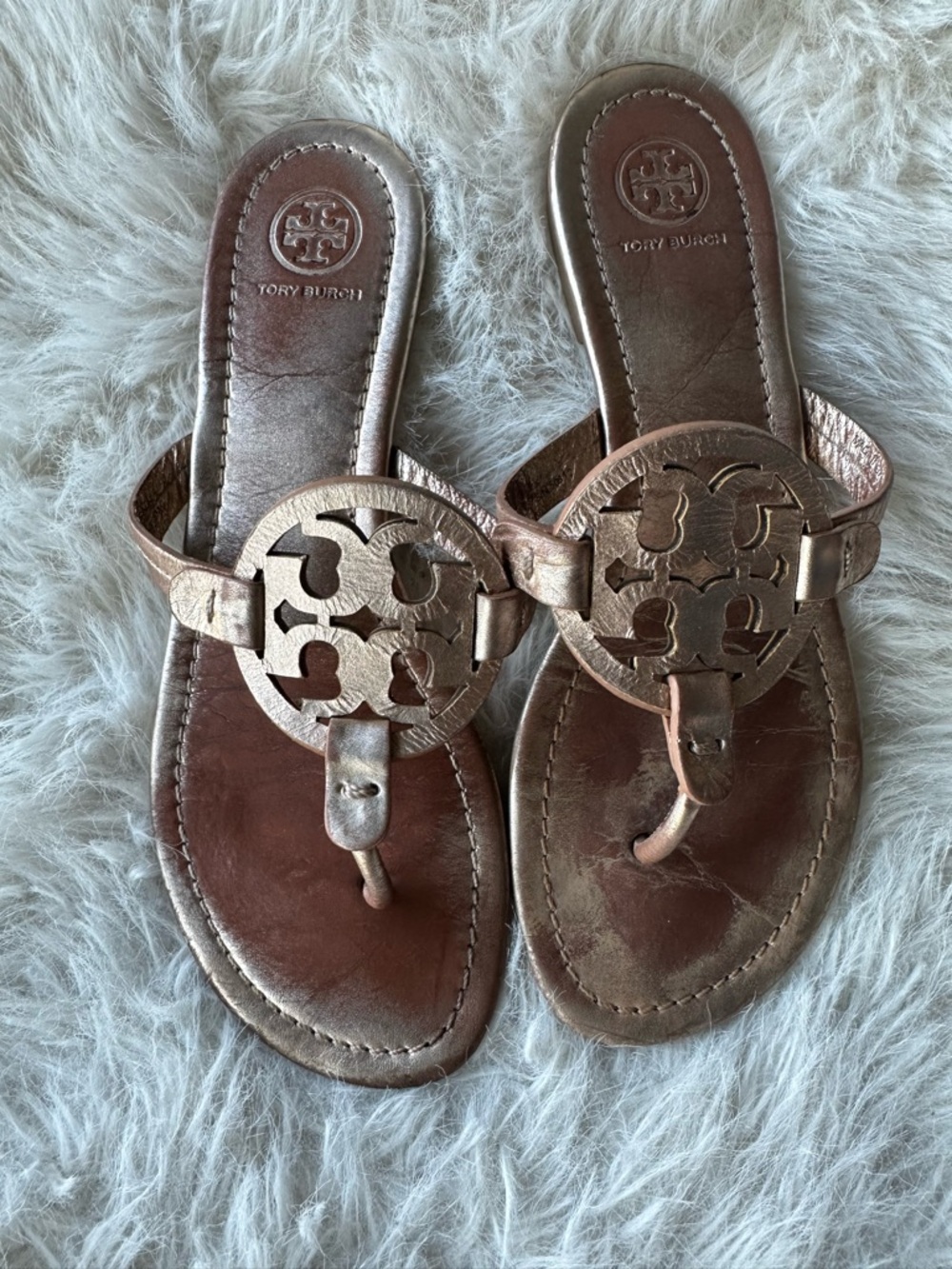 Tory Burch miller  Metallic Bronze rose gold double T Logo Leather Sandals 8